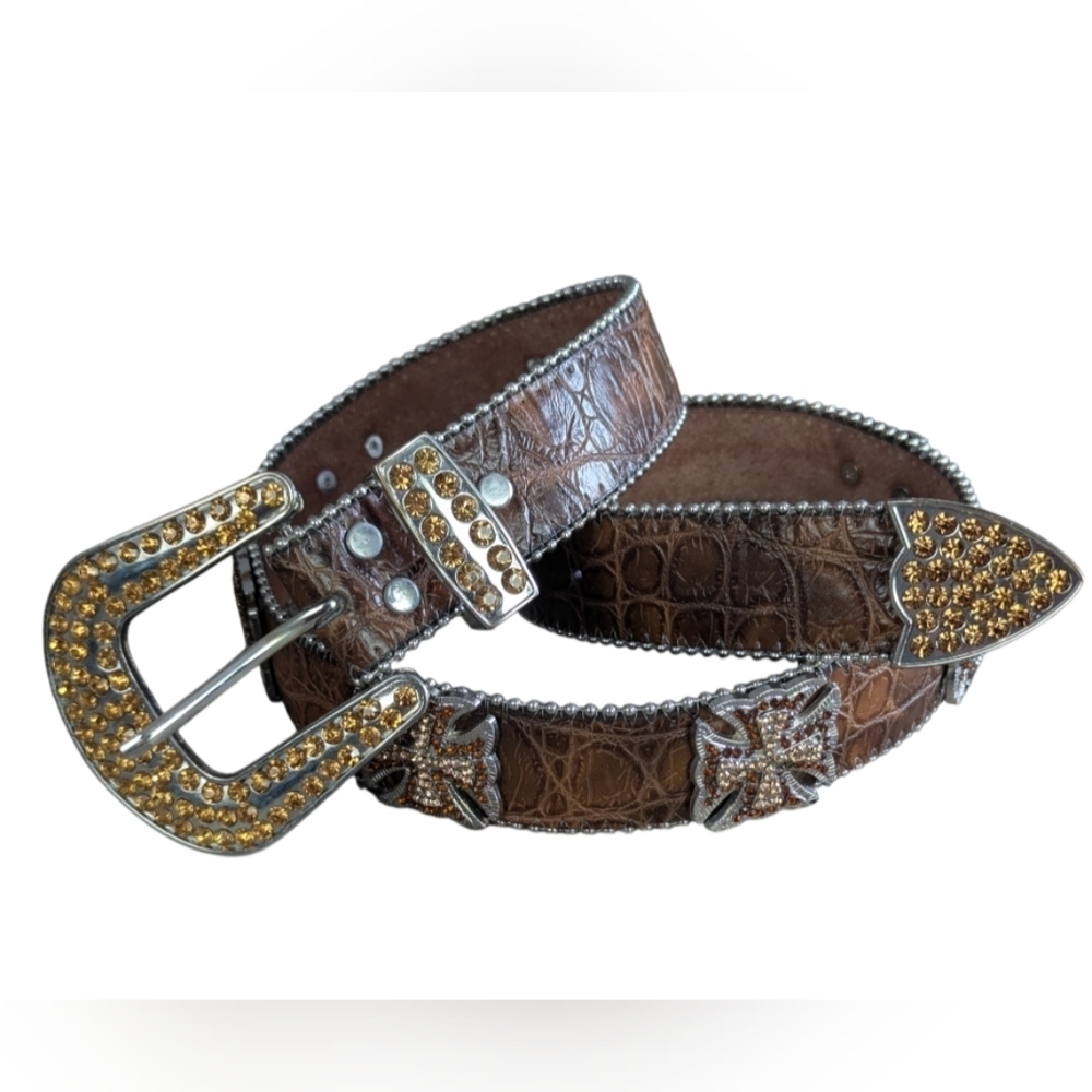 Moc-crocodile Leather Belt Amber Crystals And Crosses Excellent Condition